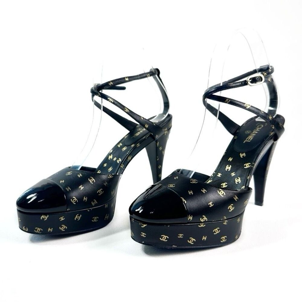 CHANEL 2023 All Over Interlocking CC Logo Black Heels Size 38 Platform Cap Toe